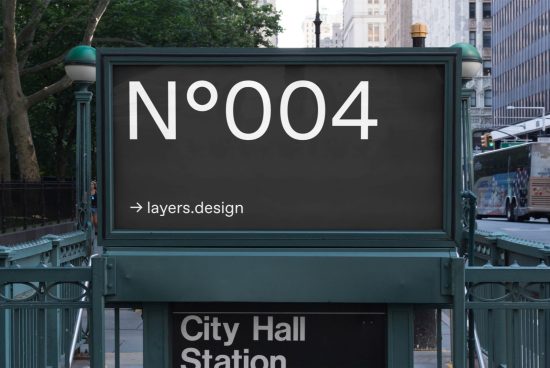 Urban subway station sign mockup with editable design space in a city environment, perfect for showcasing fonts, graphics, and branding.