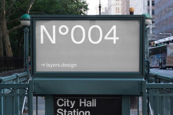 Billboard mockup at a city bus station with editable design, depicting a minimalist advertisement, suitable for graphic design and marketing assets.