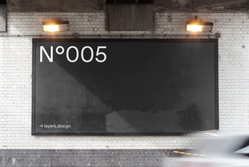 Urban billboard mockup on white brick wall background with passing car and industrial lighting perfect for designers and advertising presentations.