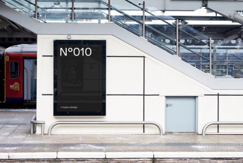 Urban billboard mockup at a train station for outdoor advertising designs, visible train, clear space for branding, modern city setting.