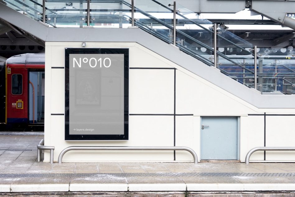 Outdoor advertising mockup on train station kiosk under stairs for poster design presentation, urban setting, graphic designers asset.