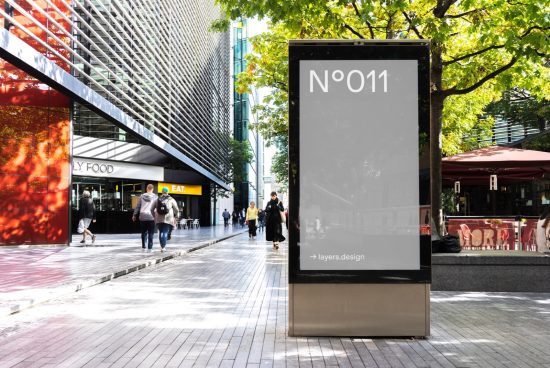 Urban street mockup scene with blank vertical billboard for advertising design display, pedestrians, and modern architecture.