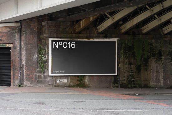 Urban billboard mockup under a bridge for outdoor advertising design presentation, with brick wall texture and street elements.