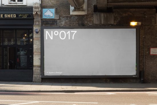 Urban street billboard mockup for outdoor advertising, blank ad space, graphic designers, editable template display, realistic cityscape setting.