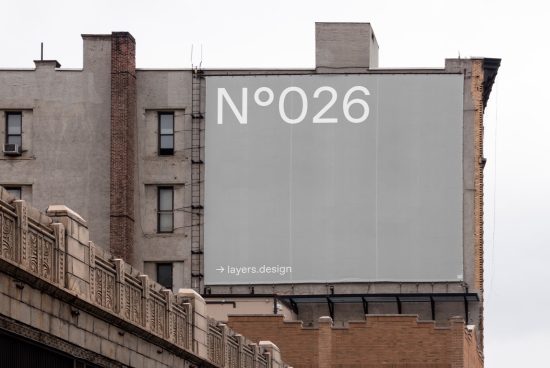 Urban billboard mockup on building exterior with number 026 graphic, for designers to showcase advertising designs.