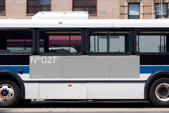 Side view of a city bus mockup with blank advertising space for design templates, urban transport graphics, vehicle branding layouts.