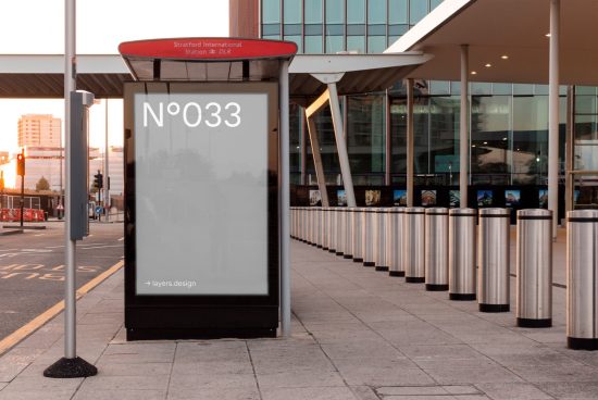 Urban bus stop billboard mockup at Stratford International Station with clear sky, ideal for advertising and design presentations in outdoor settings.