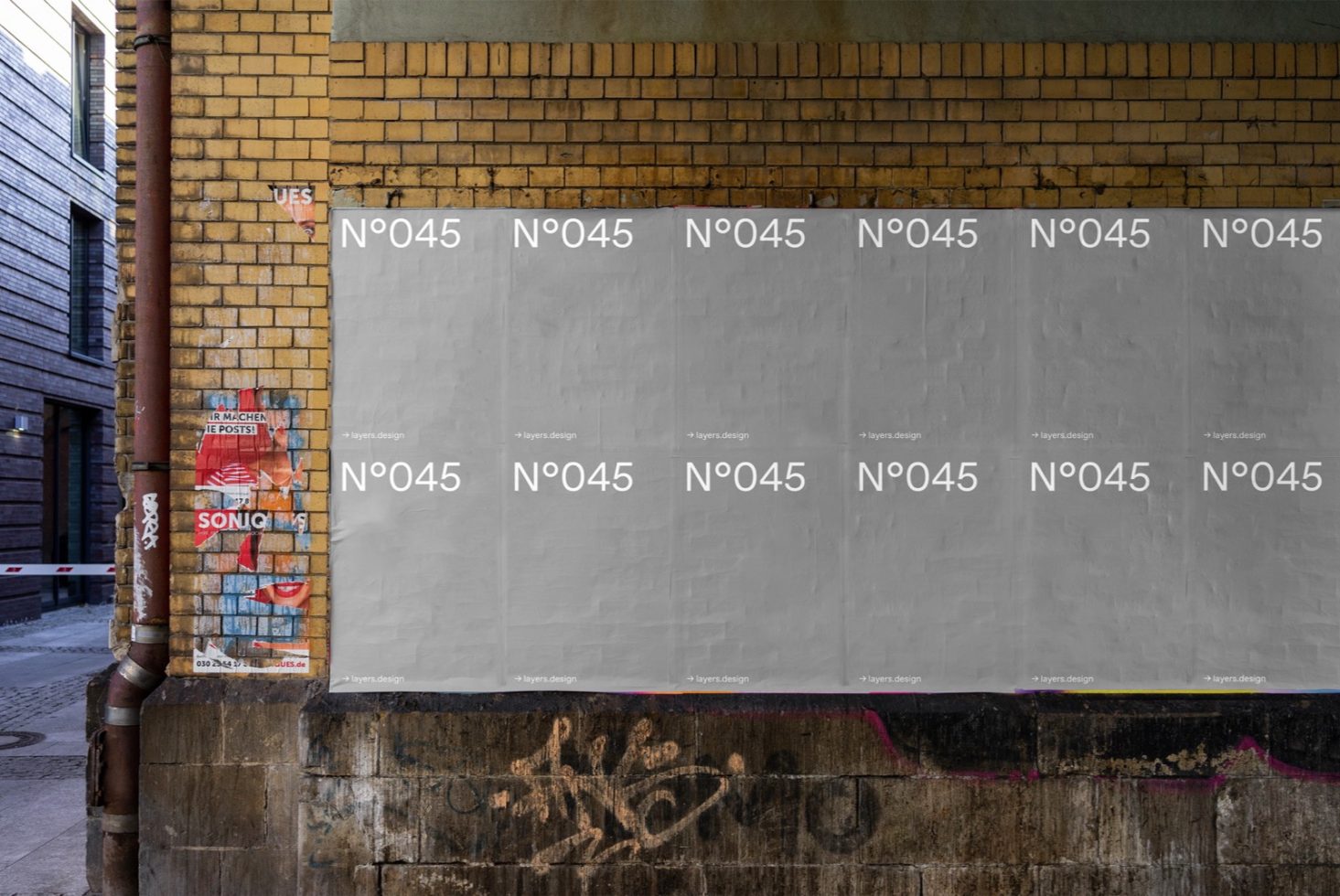 Urban poster wall mockup with graffiti and exposed bricks for presentation templates, realistic street art background design.