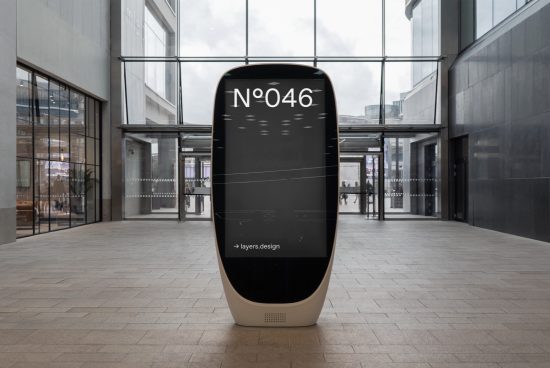 Modern digital kiosk mockup in a bright corporate lobby, perfect for designers looking for realistic display templates.