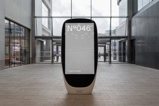 Interactive digital kiosk mockup in modern lobby, sleek design for advertising display, ready for branding and graphics.