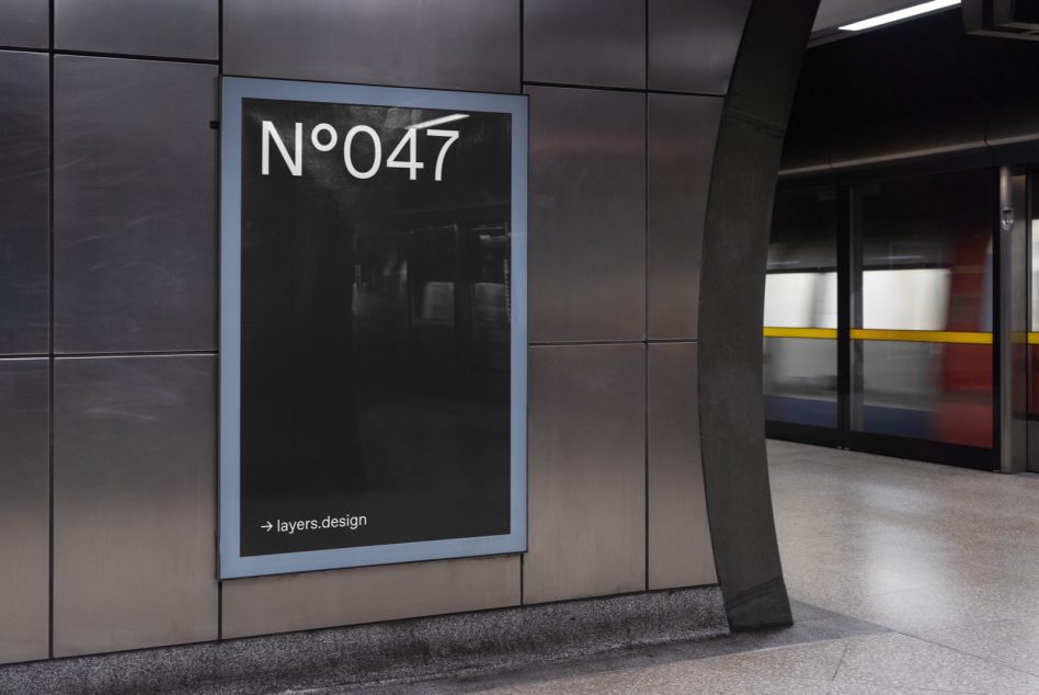 Mockup of a poster frame in a subway station with moving train, suitable for ad design display, urban setting, clean and modern.