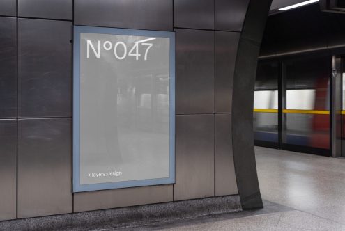 Empty subway station advertisement mockup with moving train in background, perfect for poster design and urban graphics display.