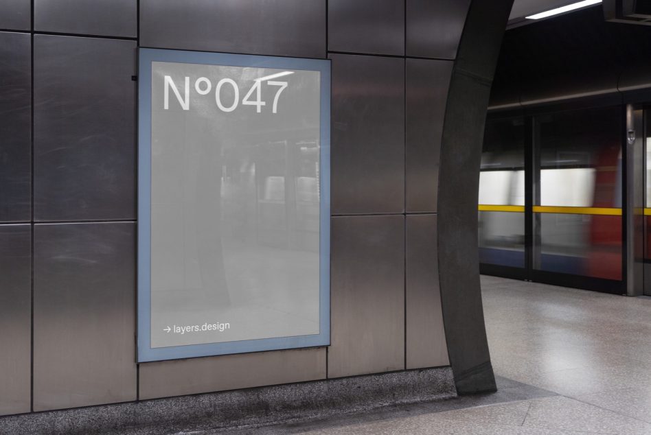 Empty subway station advertisement mockup with moving train in background, perfect for poster design and urban graphics display.