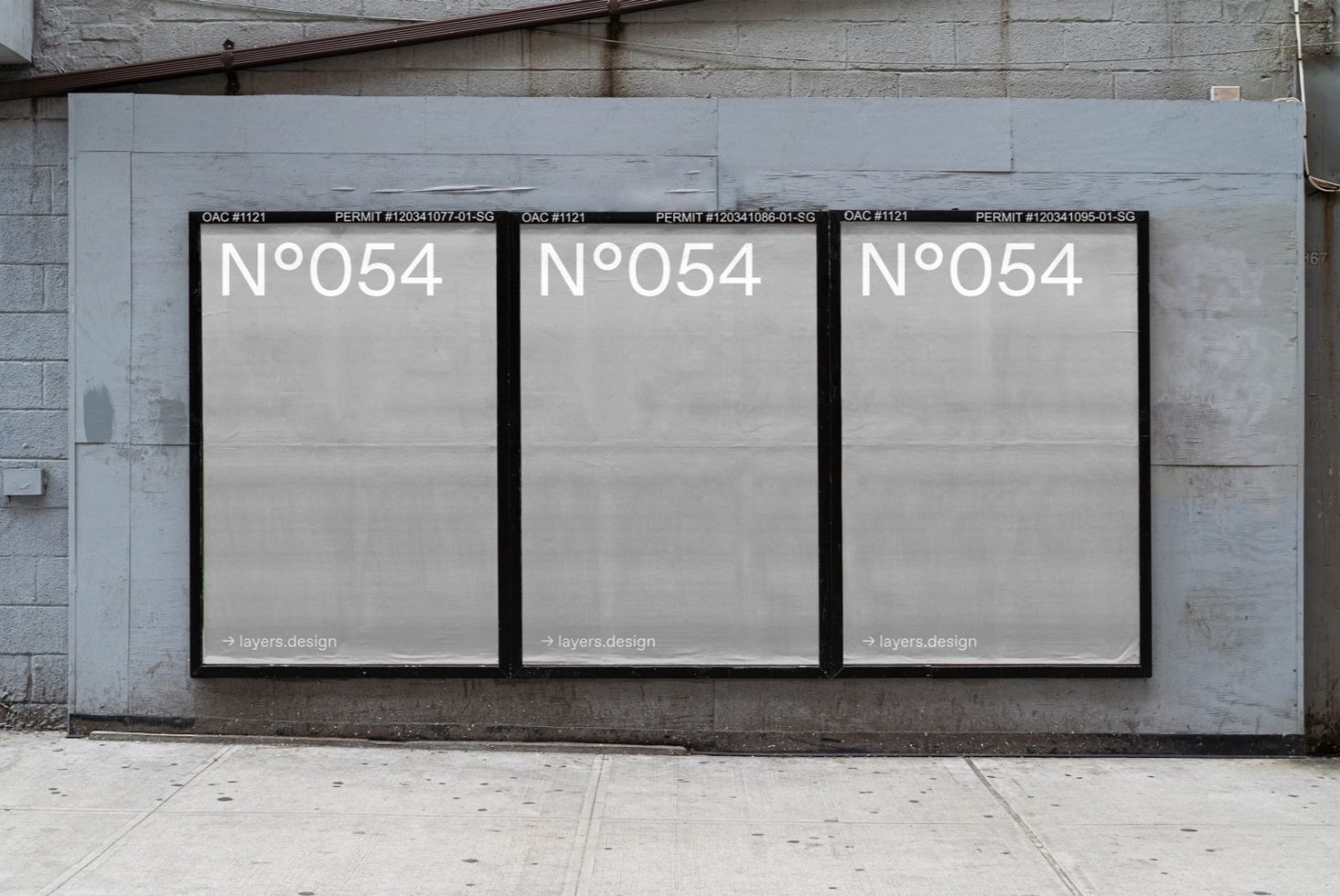 Urban poster mockup on a grey wall with three identical placeholders for design presentation, suitable for graphic designers and advertisers.