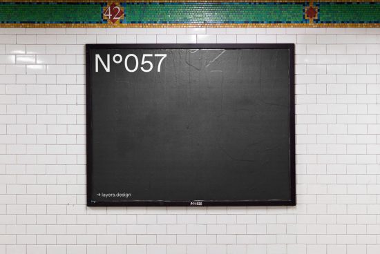 Billboard mockup in subway station for poster presentation, tiled wall, graphic design, digital asset, designers marketplace, creative mockups, editable template.