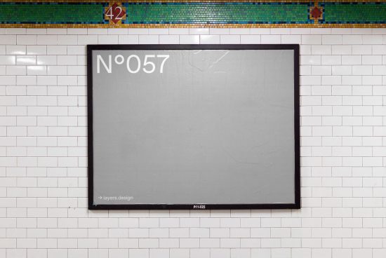 Empty billboard mockup on subway station wall, ideal for advertising design presentation, white tiles background, urban setting.
