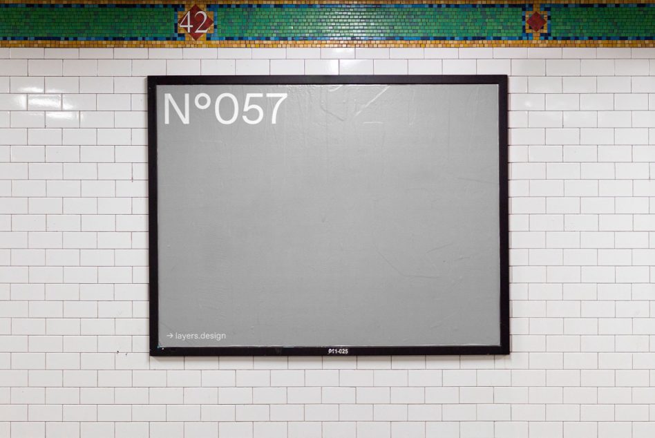 Empty billboard mockup on subway station wall, ideal for advertising design presentation, white tiles background, urban setting.