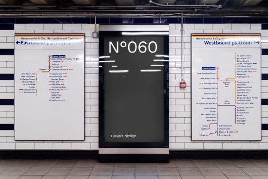 Subway billboard mockup in a station for poster design, showcasing urban advertising space, editable template for designers.