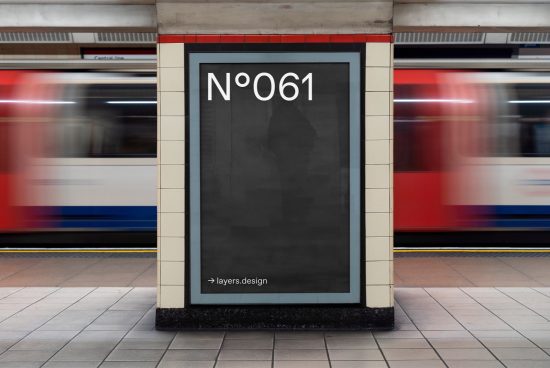 Subway billboard mockup with dynamic background, urban advertising, presentation, editable design asset for marketing templates.
