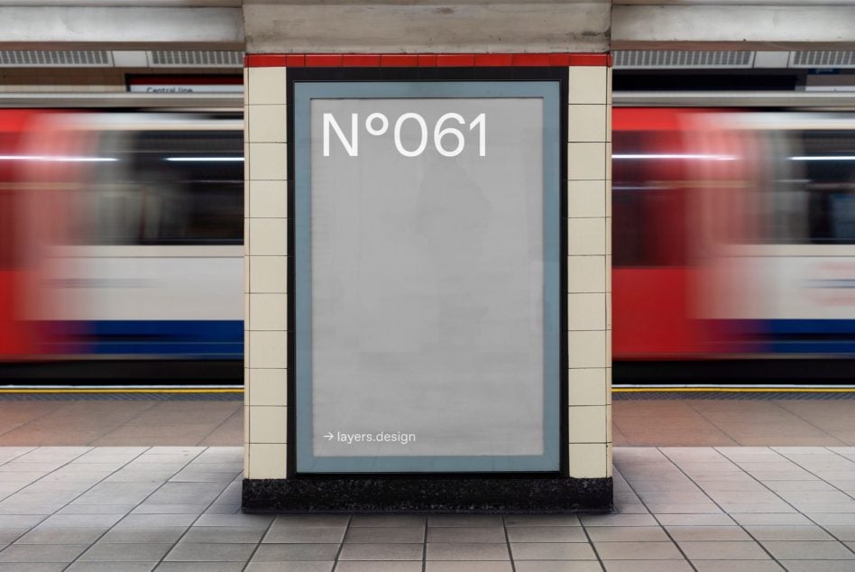 Transit station vertical poster mockup surrounded by blurred moving trains