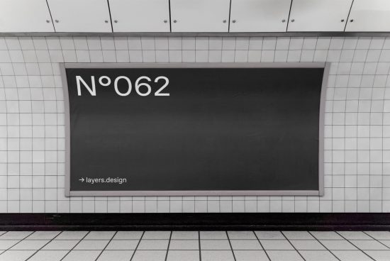 Subway billboard mockup in a tiled station with minimalist design suitable for advertising, posters, and urban designs. Perfect for presentations and portfolios.