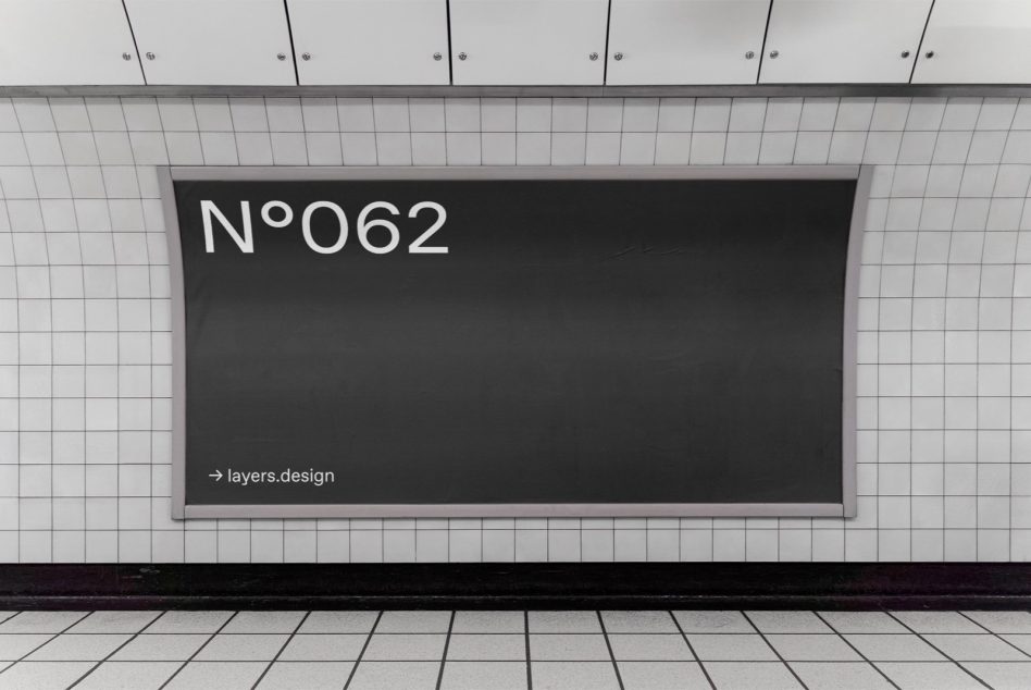 Underground train station poster frame mockup on bright white tile background