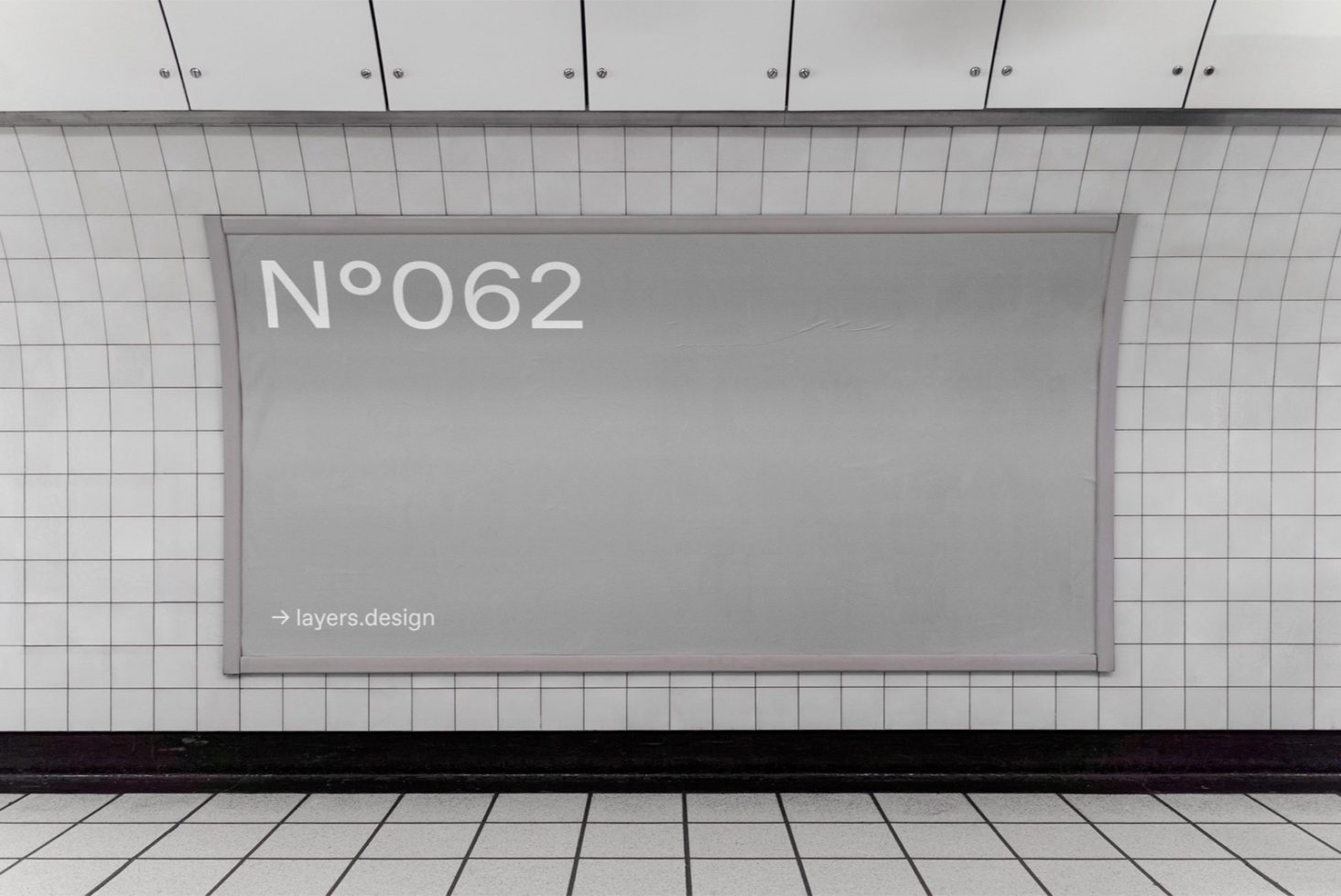 Subway station mockup poster frame with white tiles and number signage, ideal for designers' advertisement and display projects.