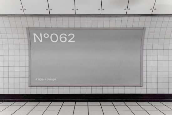 Subway station mockup poster frame with white tiles and number signage, ideal for designers' advertisement and display projects.