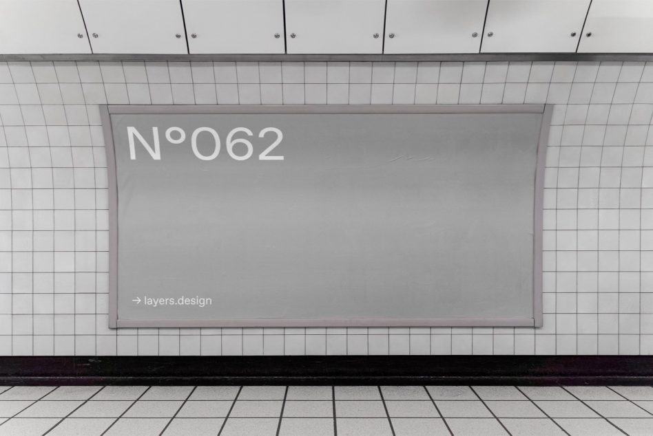 Subway station lightbox mockup on white tiled wall with metal frame