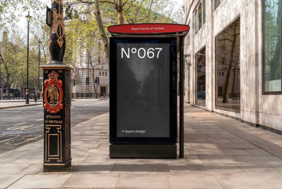 Urban bus stop poster mockup near Royal Courts of Justice, clear sunny day, cityscape, realistic advertising display, templates, designers.
