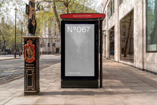 Outdoor advertising mockup of bus stop billboard in an urban setting with Royal Courts of Justice branding, ideal for presenting designs and graphics.