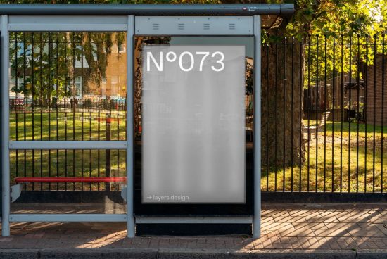 Bus stop billboard mockup in urban setting, clear placeholder for designers to showcase advertising work, daylight and natural background.