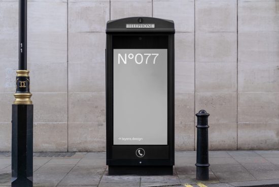 Urban phone booth mockup for outdoor advertising design display on city street with editable layers, realistic textures, and neutral background.