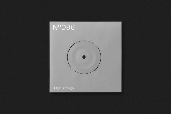 Minimalist CD cover mockup featuring number 096, simple design on gray background, black setting, ideal for graphic design portfolio display.