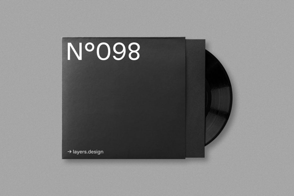 Dark grey vinyl record sleeve mockup showing N°098 on front cover