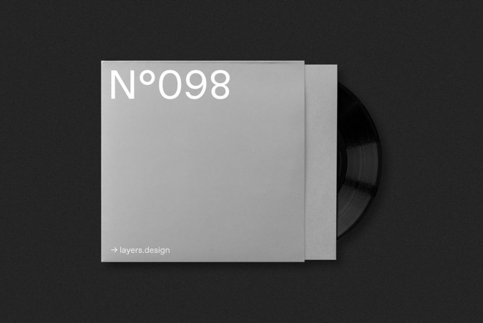 White vinyl record sleeve mockup with N°098 title visible