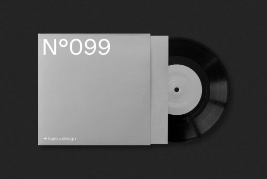 Vinyl record and album cover mockup with minimalist design on dark background, perfect for music-themed graphic presentations.