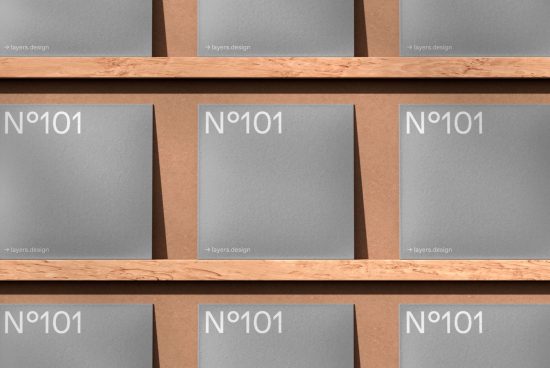Craft paper mockup with 6 cards on wooden shelves for design presentation, showcasing front labels with a typographic sample text "N°101".
