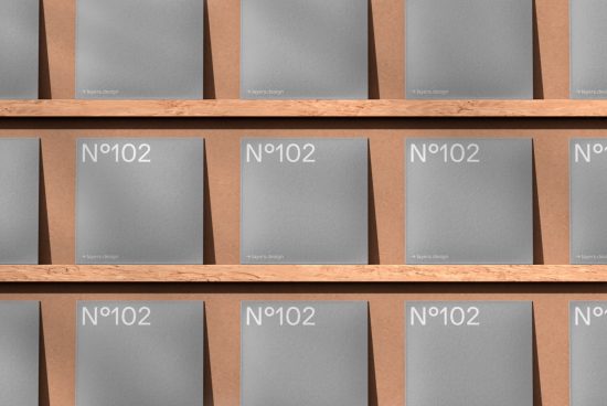 Wooden bookshelf with evenly spaced gray mockup books labeled N°102 for design template display.