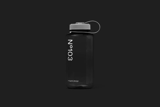 Minimalist water bottle packaging mockup in grayscale, transparent design with editable label for branding and graphic designers.