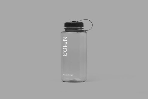 Clear water bottle with black cap and minimal branding on gray background, perfect for product mockups, packaging design.