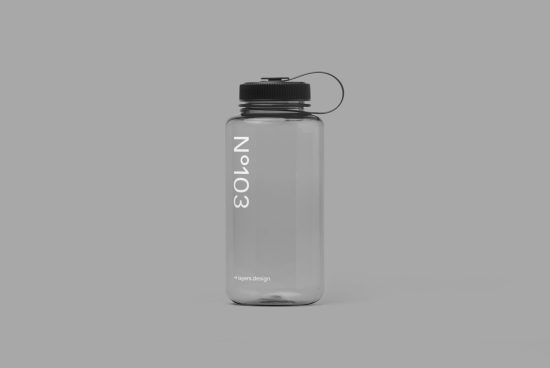Clear water bottle with black cap and minimal branding on gray background, perfect for product mockups, packaging design.