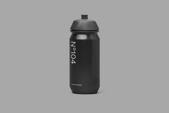 Black water bottle mockup with minimalist design on gray background, perfect for showcasing branding and packaging designs.