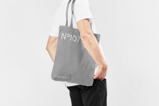 Man holding gray tote bag mockup with number and text design on neutral background for graphic designers and print templates.