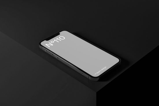 Modern smartphone mockup on dark background for UI/UX design presentation, digital asset for graphic designers, minimalist style.