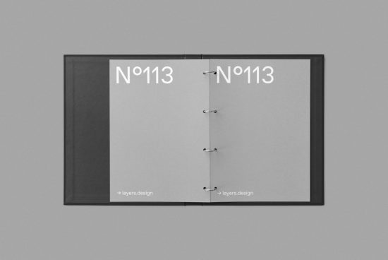 Professional open binder mockup in grayscale, perfect for presenting custom graphics and fonts to designers and creative projects.