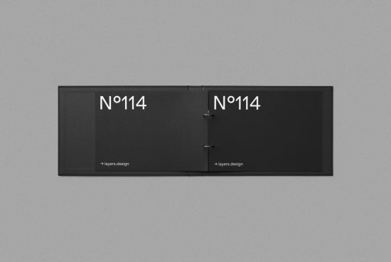 Elegant black folder mockup design displayed on a gray background, showcasing stylish branding with clean, modern fonts.