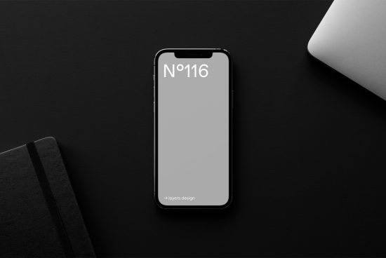 Smartphone mockup with blank screen on dark background, minimalist design, digital asset for app presentation.