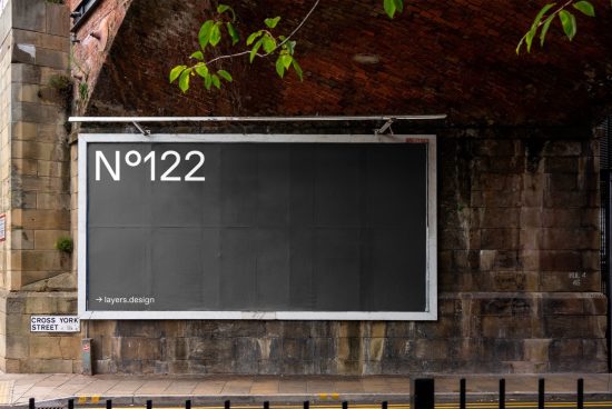 Urban billboard mockup on a brick wall for poster design presentation, outdoor advertising space in a city environment, realistic texture.