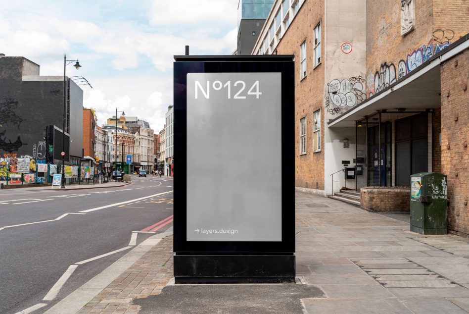 Urban street with blank billboard mockup for poster design advertisement, clear sky, cityscape, digital asset for designers.